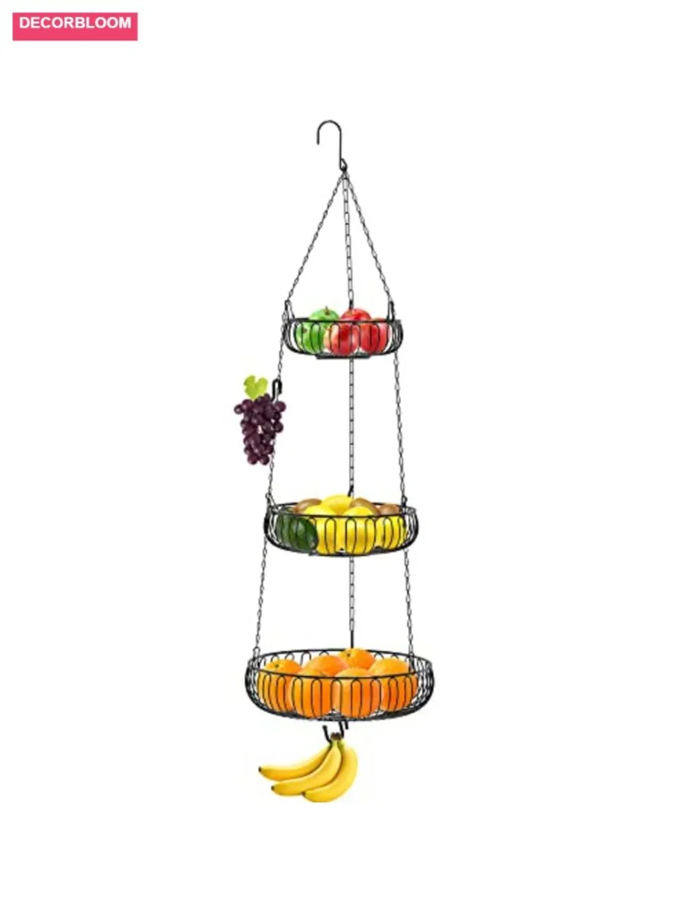 Adjustable Metal Hanging Fruit Basket Oblate Shape 3-Tier Kitchen Storage